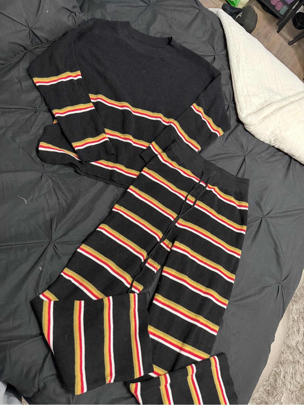 Black Striped Knit Lounge Set with Red & Yellow Accents